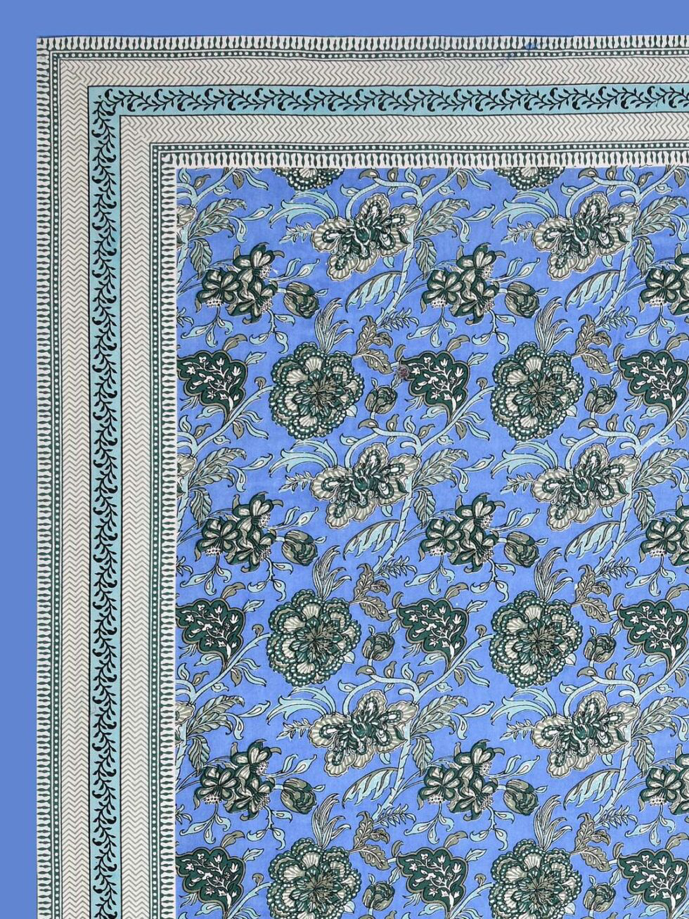 Handmade Cotton Bedsheet with Pillow Covers – Blue Floral Block Print King Size Bedspread from India (BLACKLUXE CRAFTS) - BLACKLUXECRAFTS