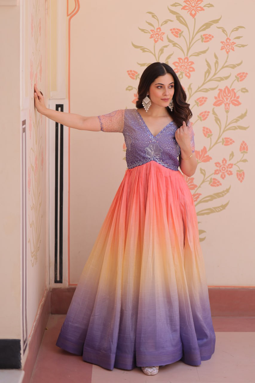 Handmade Ombre Silk Anarkali Gown – Designer Indian Ethnic Party Wear Dress for Women | Traditional Festive Outfit from India (BLACKLUXE CRAFTS) - BLACKLUXECRAFTS