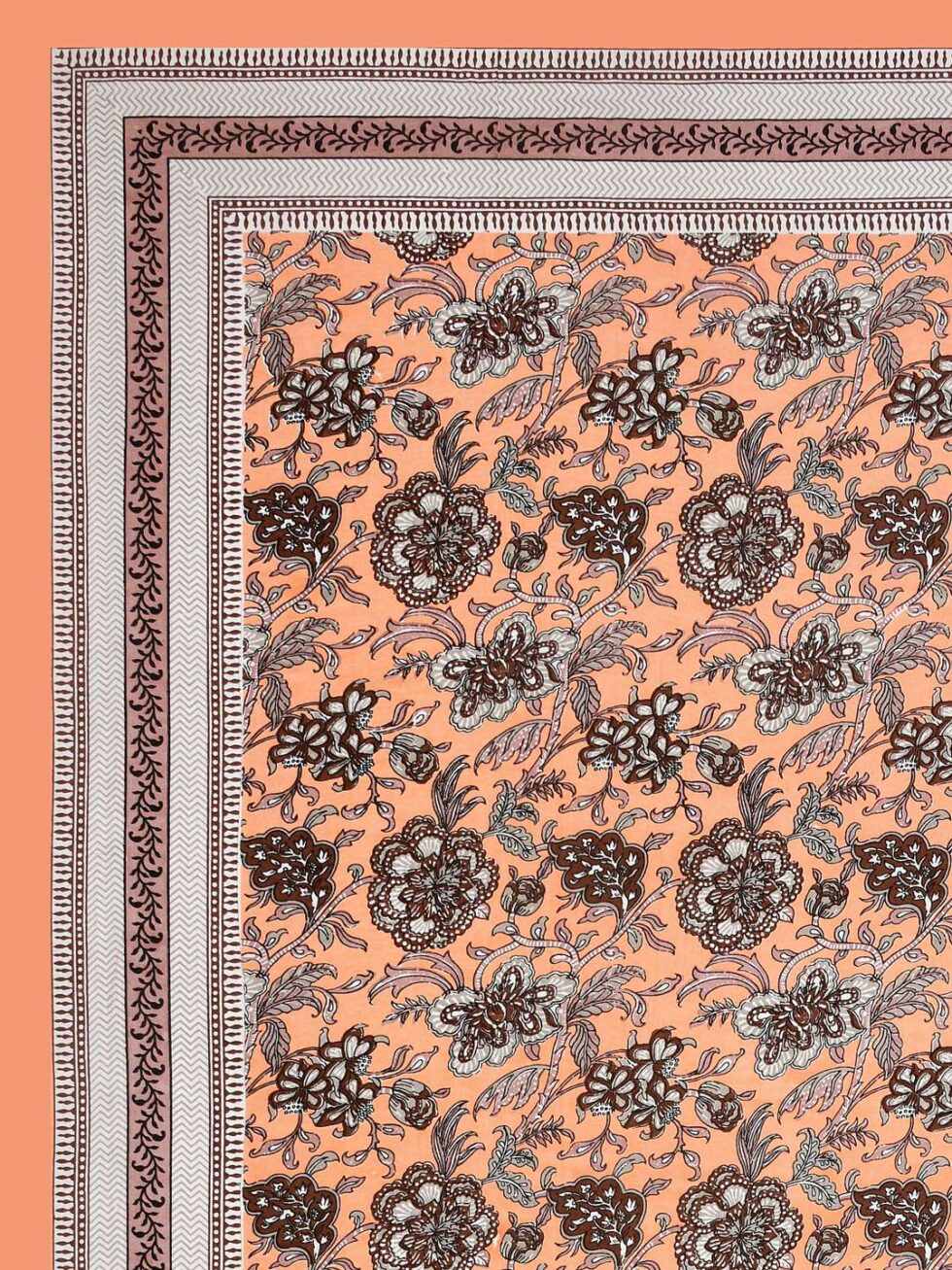 Handmade Peach Floral Cotton Bedsheet with Pillow Covers – Indian Block Print King Size Bedspread (BLACKLUXE CRAFTS) - BLACKLUXECRAFTS