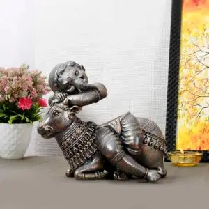 Handmade Baby Ganesha with Cow Idol | Indian Brass Finish Decorative Statue | Hindu God Figurine for Home Temple & Spiritual Gift (BLACKLUXE CRAFTS) - BLACKLUXECRAFTS