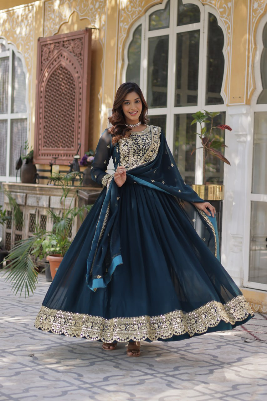 Handmade Teal Blue Anarkali Gown with Dupatta – Indian Ethnic Party Wear Dress for Women | Designer Wedding & Festive Outfit (BLACKLUXE CRAFTS)