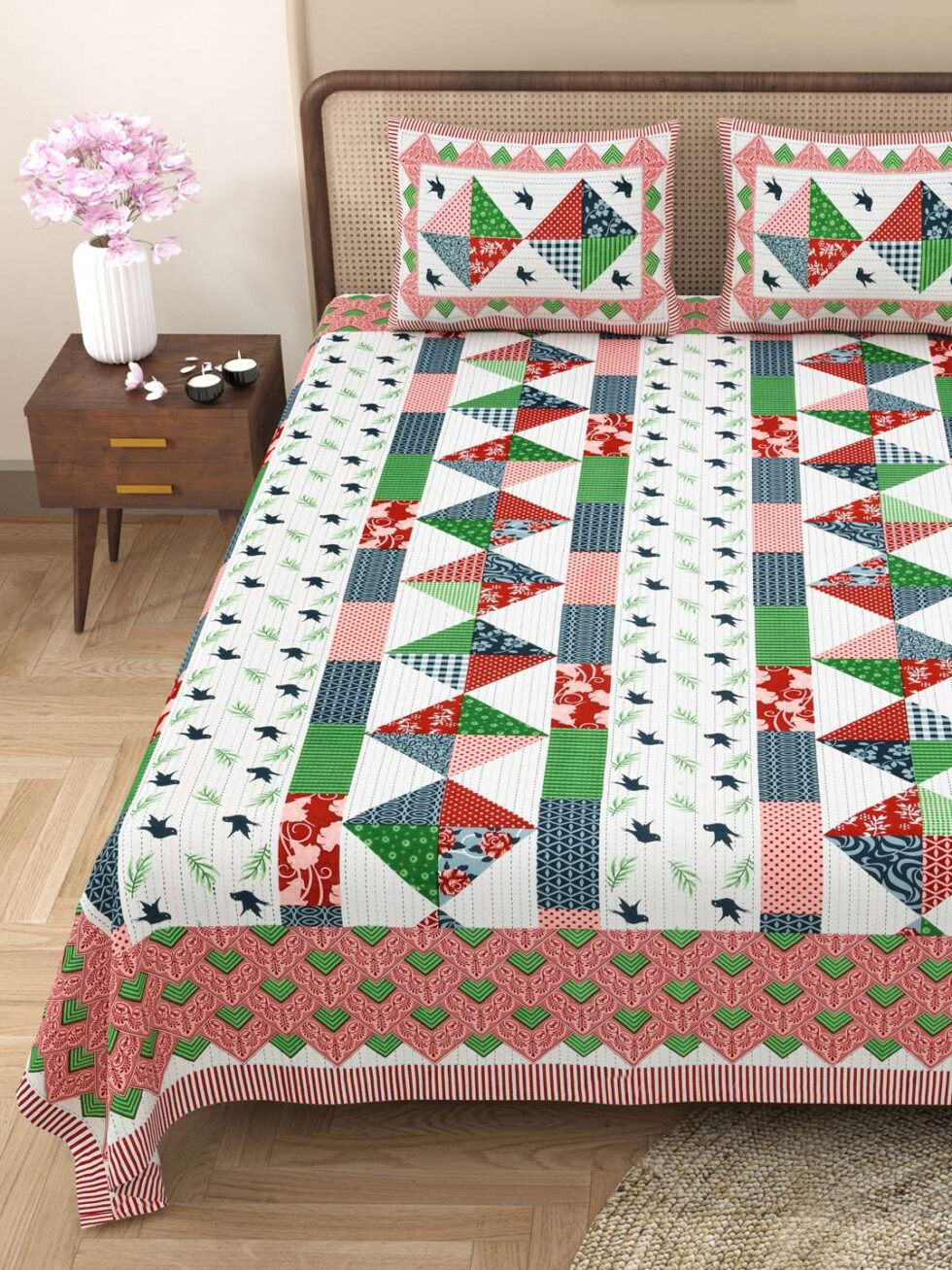 Handmade Cotton Patchwork Bed Sheet with Pillow Covers – Multicolor Quilted Design | King Size | Indian Ethnic Bedding Set for International Home Décor (BLACKLUXE CRAFTS) - BLACKLUXECRAFTS