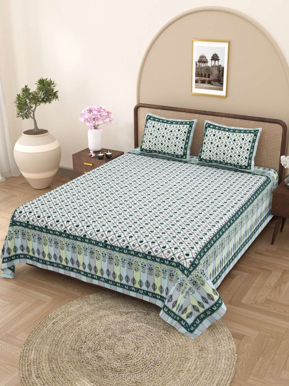 Handmade Cotton Double Bed Sheet with Pillow Covers – Green Floral Block Print | Indian Ethnic Bedding Set (BLACKLUXE CRAFTS) - BLACKLUXECRAFTS