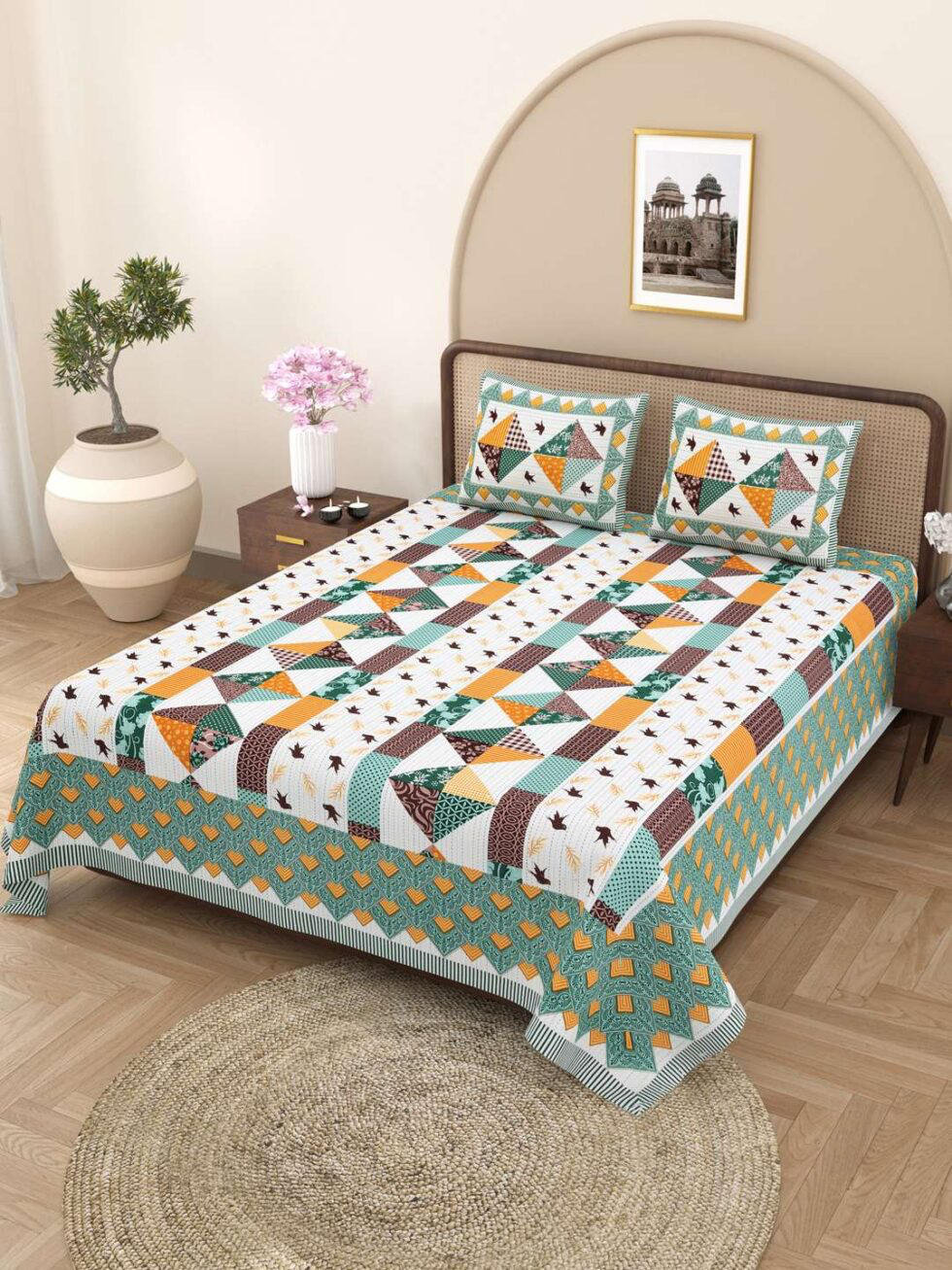 Handmade Cotton Patchwork Bedsheet with Pillow Covers – Traditional Indian Jaipuri Block Print Bedspread – Queen/King Size Bedding Set (BLACKLUXE CRAFTS) - BLACKLUXECRAFTS