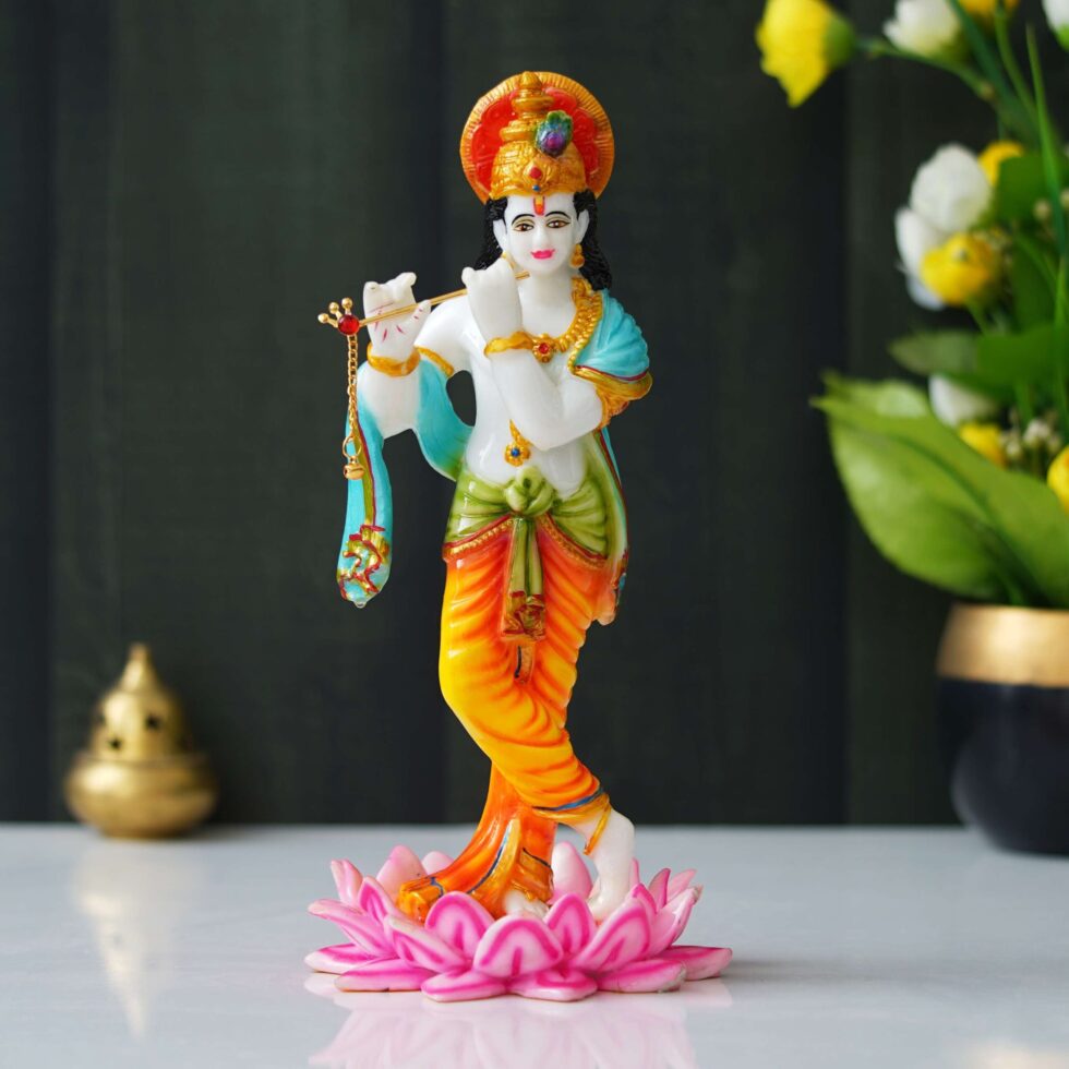 Lord Krishna Playing Flute Idol on Lotus | Hindu God Statue for Home Décor & Puja (BLACKLUXE CRAFTS) - BLACKLUXECRAFTS