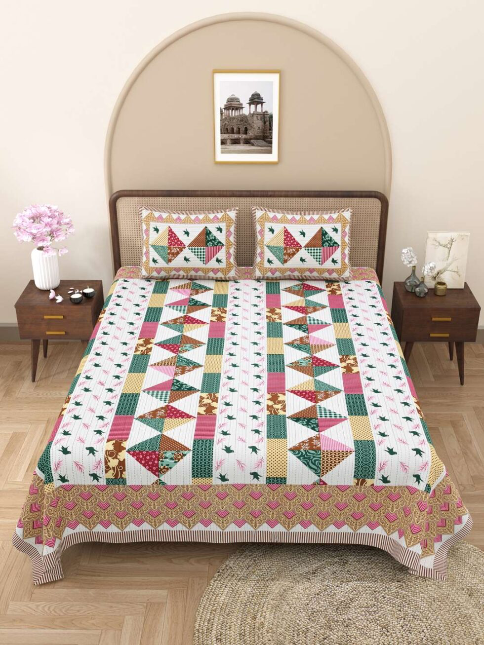 Handmade Cotton Patchwork Bedsheet with Pillow Covers | Indian Ethnic Quilted Design | King Size Bedspread for Global Home Décor (BLACKLUXE CRAFTS) - BLACKLUXECRAFTS
