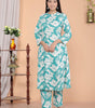 Women's Cotton Floral Printed Mandarin Collar A-Line Kurti with Pant (Sky Blue) (BLACKLUXE CRAFTS) - BLACKLUXECRAFTS