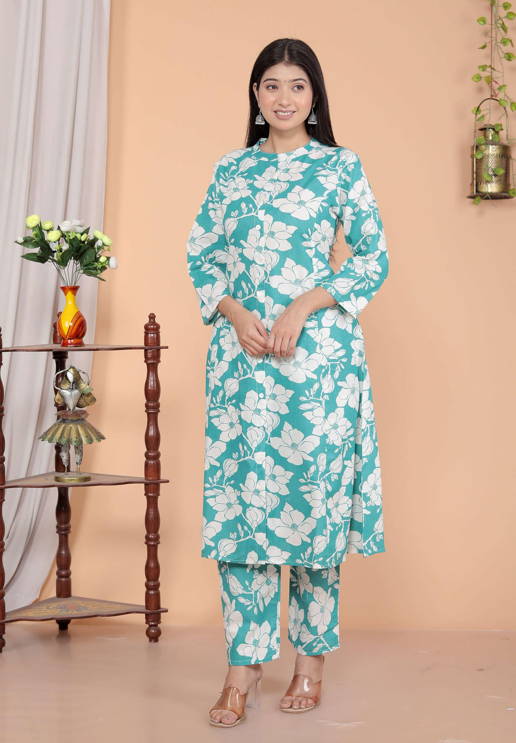 Women's Cotton Floral Printed Mandarin Collar A-Line Kurti with Pant (Sky Blue) (BLACKLUXE CRAFTS) - BLACKLUXECRAFTS