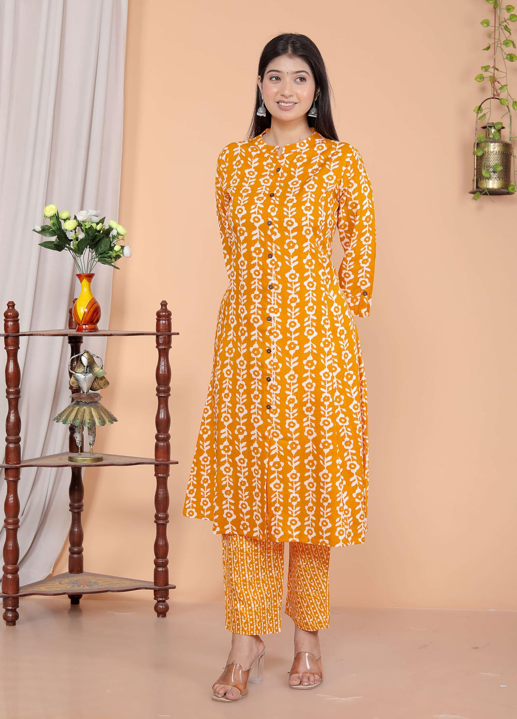 Women's Cotton Floral Printed Mandarin Collar A-Line Kurti with Pant (Orange) (BLACKLUXE CRAFTS) - BLACKLUXECRAFTS