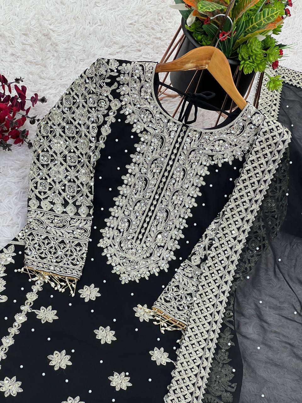 Black Embroidered Pakistani Suit with Heavy Silver Zari & Sequin Work | Designer Salwar Kameez with Dupatta for Women (BLACKLUXE CRAFTS) - BLACKLUXECRAFTS