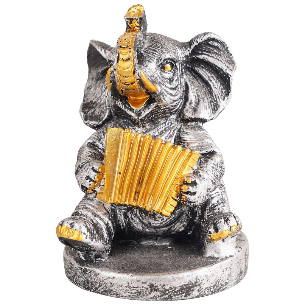 Silver Elephant Musician Figurine – Handcrafted Resin Elephant Statue with Accordion for Lucky Home Décor & Gifts (BLACKLUXE CRAFTS) - BLACKLUXECRAFTS
