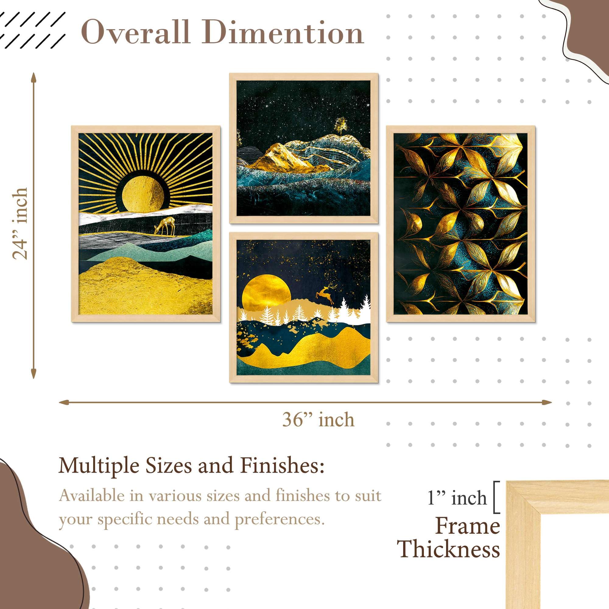 Golden Moon & Abstract Wall Art Set of 4 | Luxury Gold & Blue Landscape Canvas Prints | Modern Framed Artwork for Living Room, Bedroom & Office Decor ( 36X24 Inches ) (BLACKLUXE CRAFTS) - BLACKLUXECRAFTS