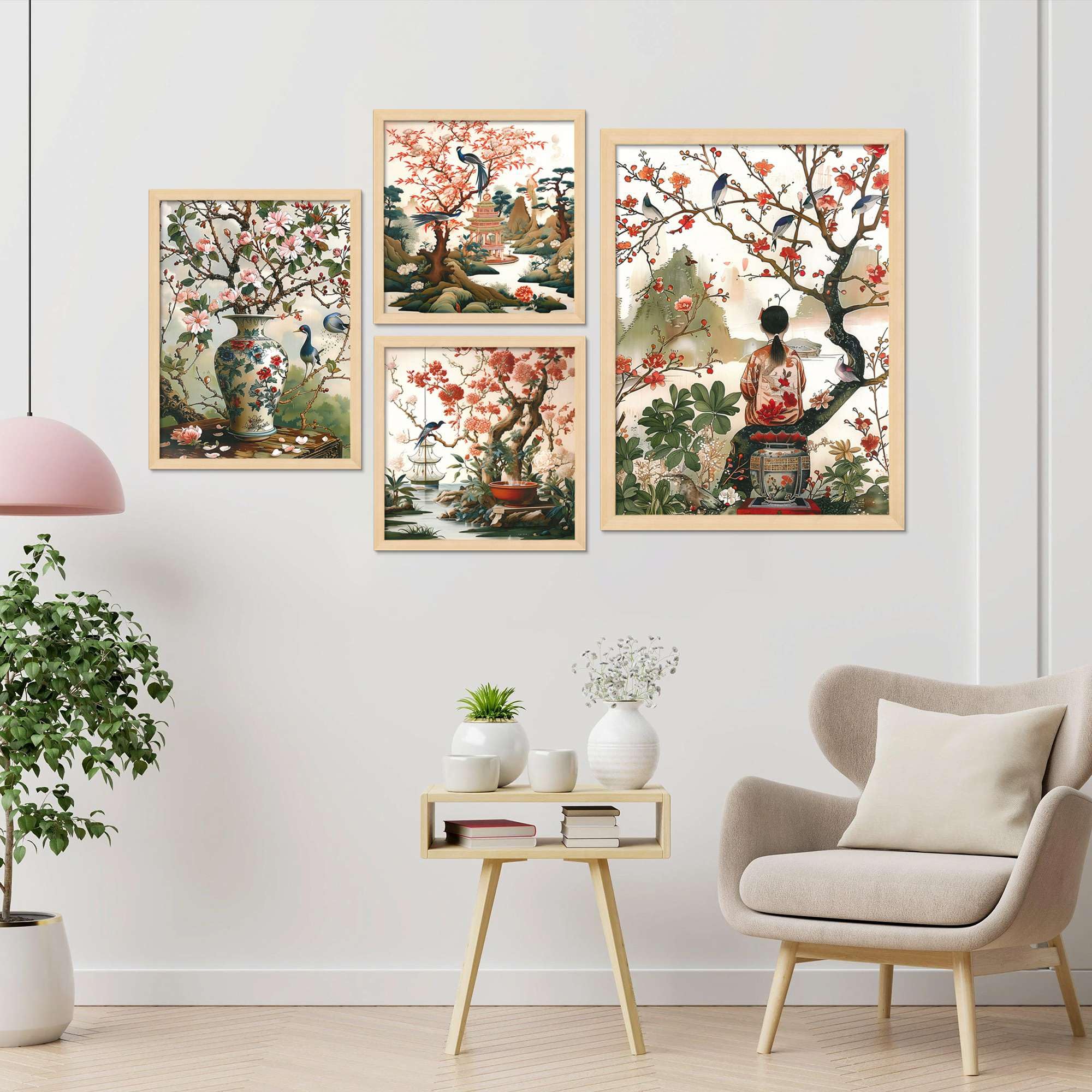 Oriental Cherry Blossom Wall Art Set of 4 | Japanese Chinese Style Canvas Prints with Birds & Nature | Elegant Asian Wall Decor for Living Room & Bedroom ( 36X24 Inches ) (BLACKLUXE CRAFTS) - BLACKLUXECRAFTS
