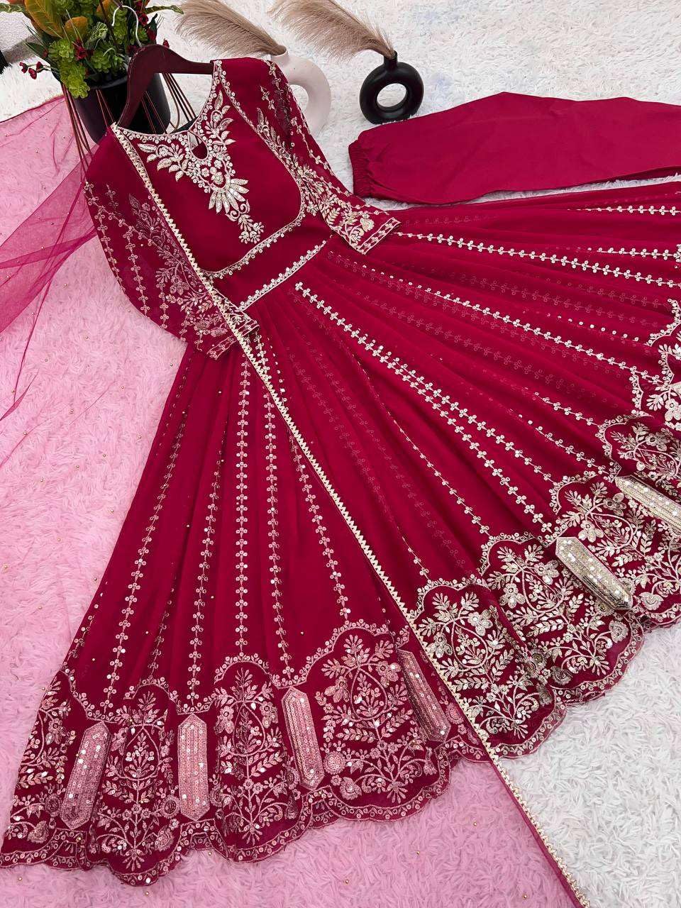 Women's Faux Georgette Embroidered Sequence Work Anarkali Kurti Gown with Net Dupatta (BLACKLUXE CRAFTS) - BLACKLUXECRAFTS