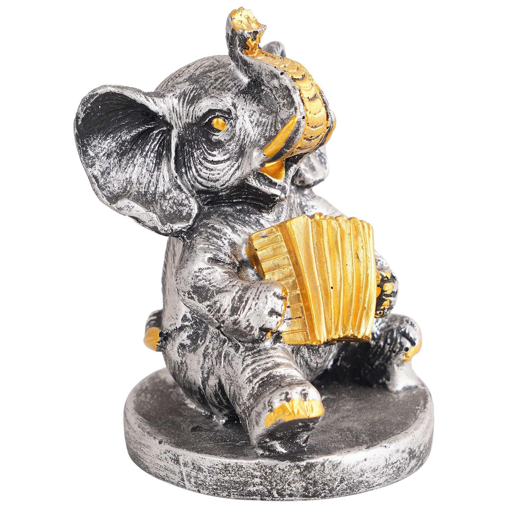 Silver Elephant Musician Figurine – Handcrafted Resin Elephant Statue with Accordion for Lucky Home Décor & Gifts (BLACKLUXE CRAFTS) - BLACKLUXECRAFTS