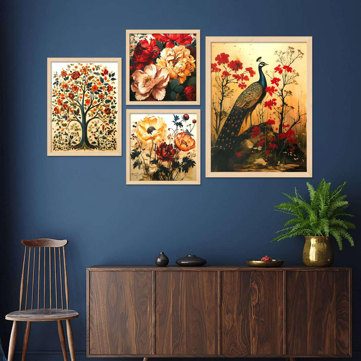 Peacock & Floral Wall Art Set – Traditional Indian Nature-Inspired Canvas Paintings | Elegant Home Decor for Living Room, Bedroom & Office | Handmade in India ( 36X24 Inches ) (BLACKLUXE CRAFTS) - BLACKLUXECRAFTS