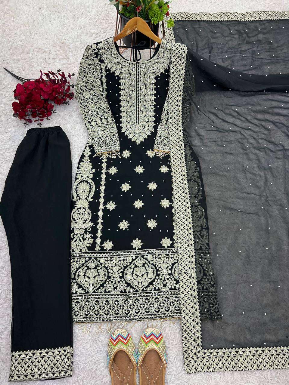 Black Embroidered Pakistani Suit with Heavy Silver Zari & Sequin Work | Designer Salwar Kameez with Dupatta for Women (BLACKLUXE CRAFTS) - BLACKLUXECRAFTS