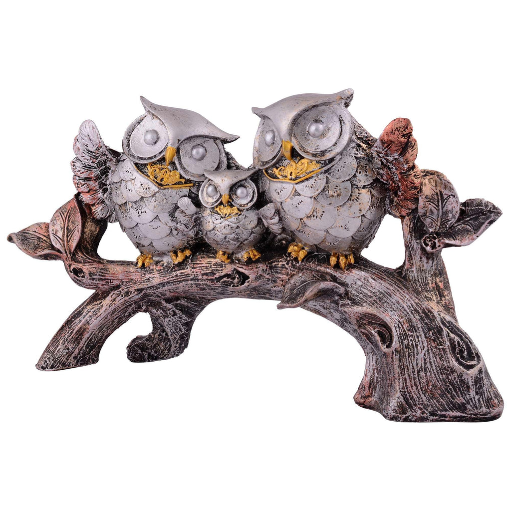 Silver Owl Family Figurine on Tree Branch – Handcrafted Resin Owl Sculpture for Home Décor & Gift (BLACKLUXE CRAFTS) - BLACKLUXECRAFTS