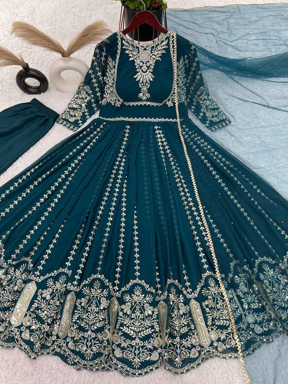 Women's Faux Georgette Embroidered Sequence Work Anarkali Kurti Gown with Net Dupatta (BLACKLUXE CRAFTS) - BLACKLUXECRAFTS