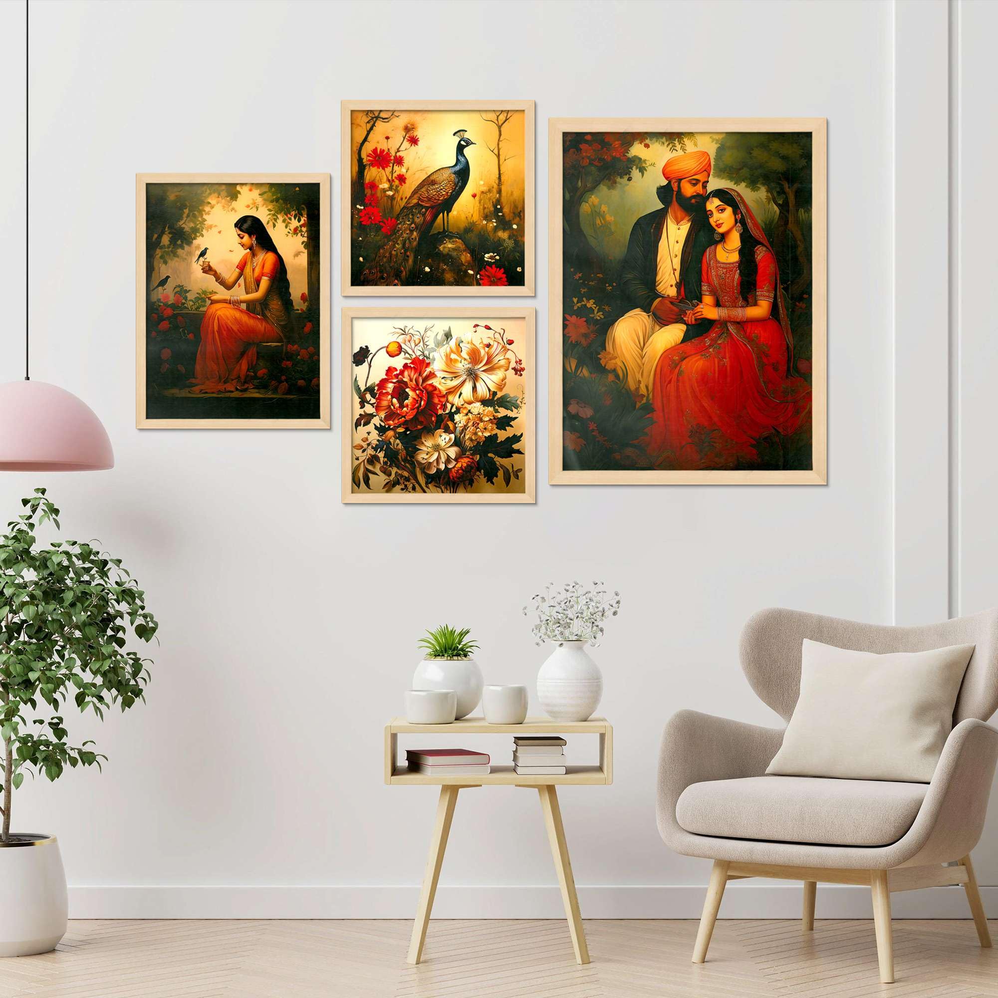 Royal Indian Wall Art Set – Peacock, Floral & Couple Paintings | Traditional Handmade Canvas Prints for Home & Office Decor | Luxury Wall Decoration, Made in India ( 36X24 Inches ) (BLACKLUXE CRAFTS) - BLACKLUXECRAFTS