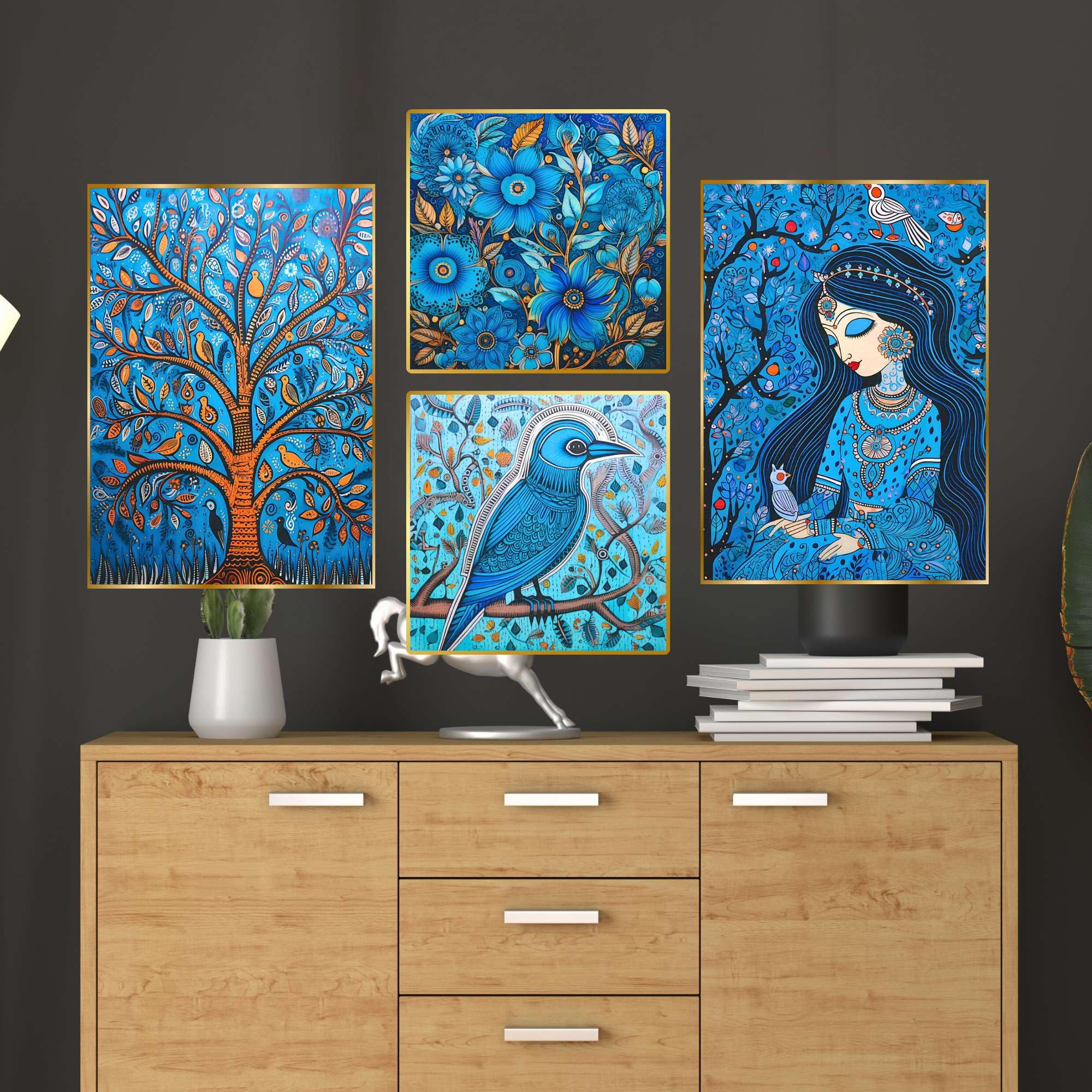 Set of Four Wall Paintings for Wall Decoration Golden Framed Wall Paintings for Living Room & Bedroom Wall Art for Home Decoration & Office Wall Décor (BLACKLUXE CRAFTS) - BLACKLUXECRAFTS