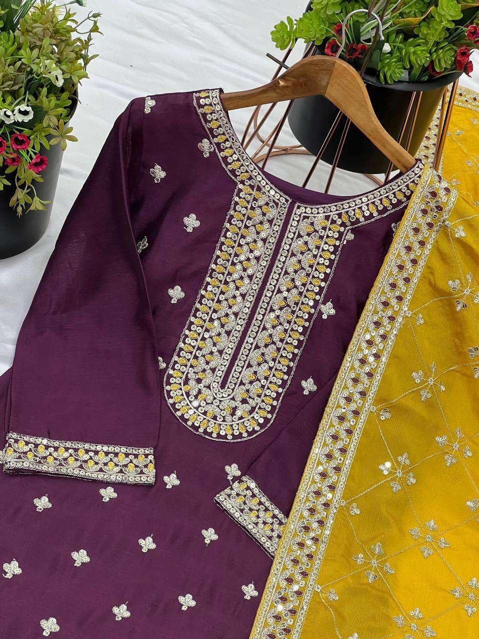 Women's Chinnon Silk Embroidered Straight Kurti with Pant & Dupatta Set (BLACKLUXE CRAFTS) - BLACKLUXECRAFTS