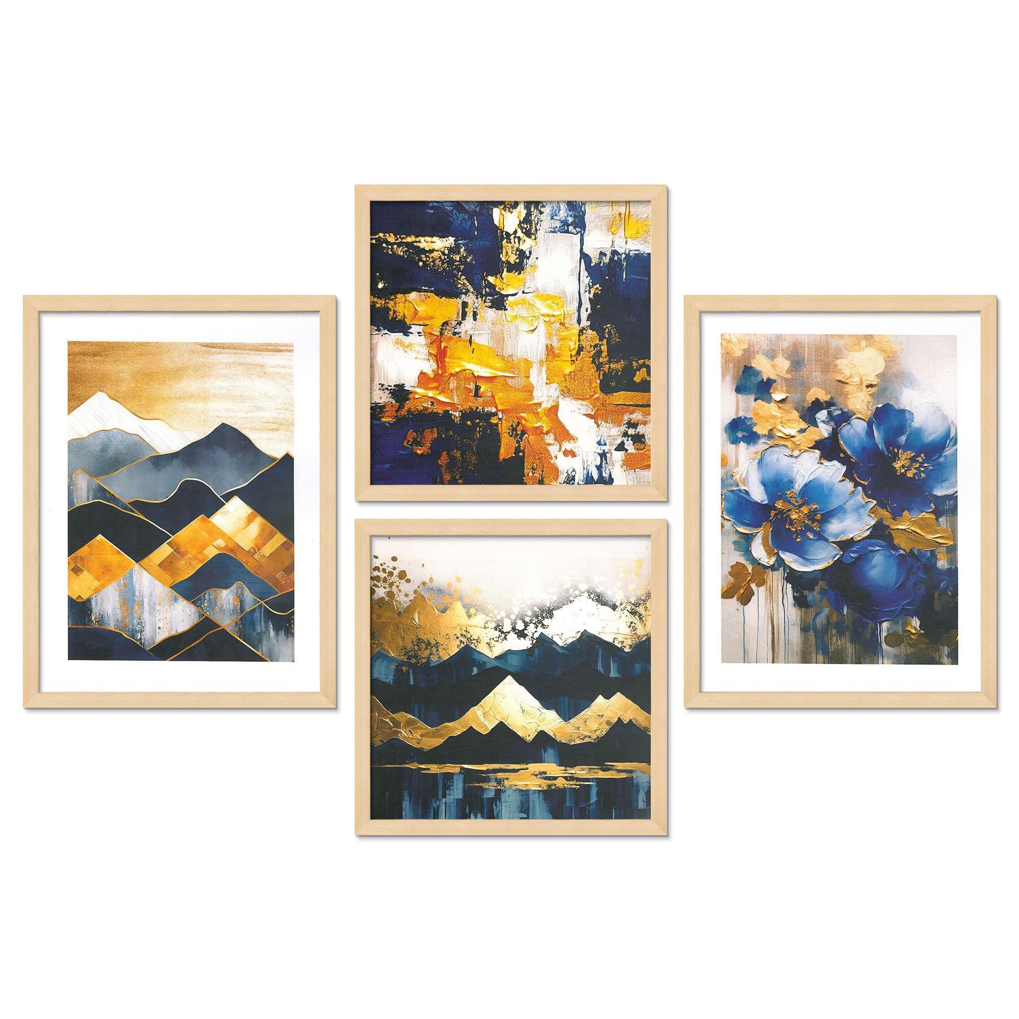 Abstract Blue & Gold Wall Art Prints – Modern Mountain & Floral Canvas Painting Set for Living Room, Bedroom & Office Décor | Handmade Art from India ( 36X24 Inches ) (BLACKLUXE CRAFTS) - BLACKLUXECRAFTS