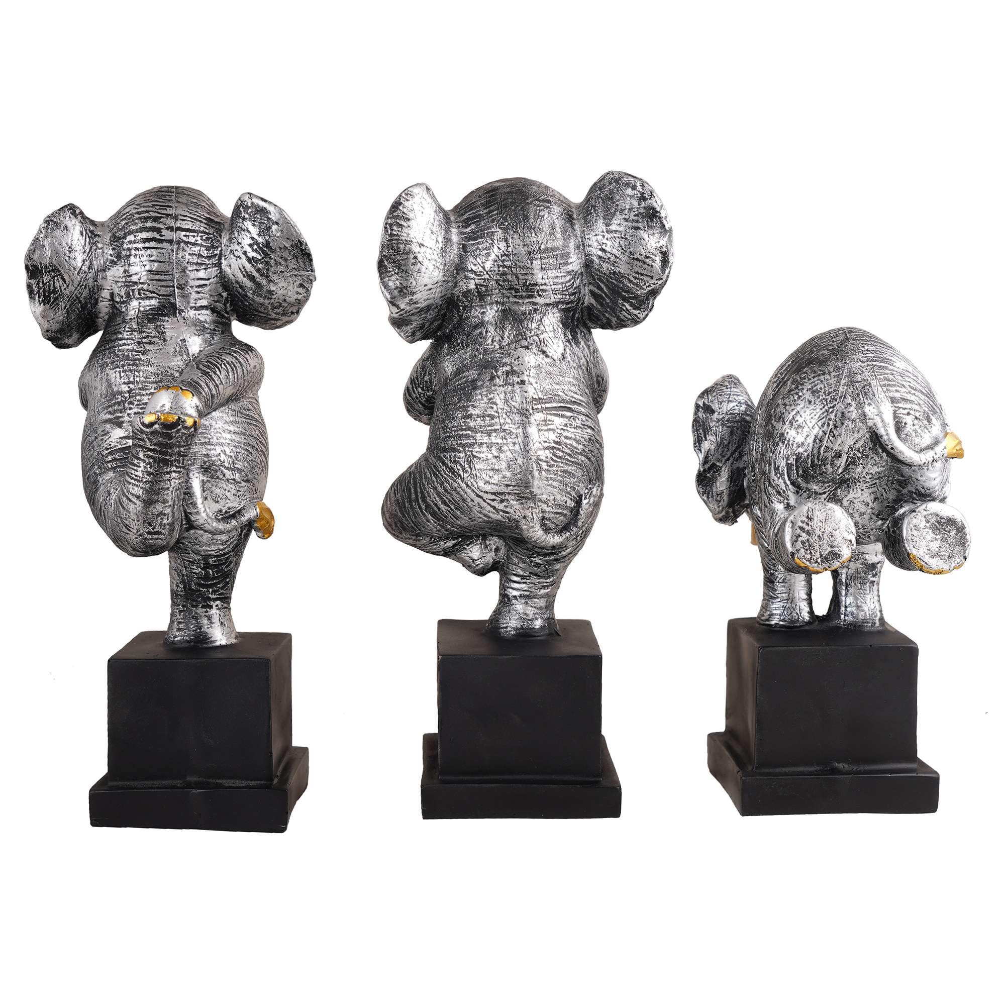 Silver Yoga Elephant Figurine Set – Handcrafted Resin Elephant Statues for Meditation, Luck & Modern Home Décor (Set Of 3) (BLACKLUXE CRAFTS) - BLACKLUXECRAFTS