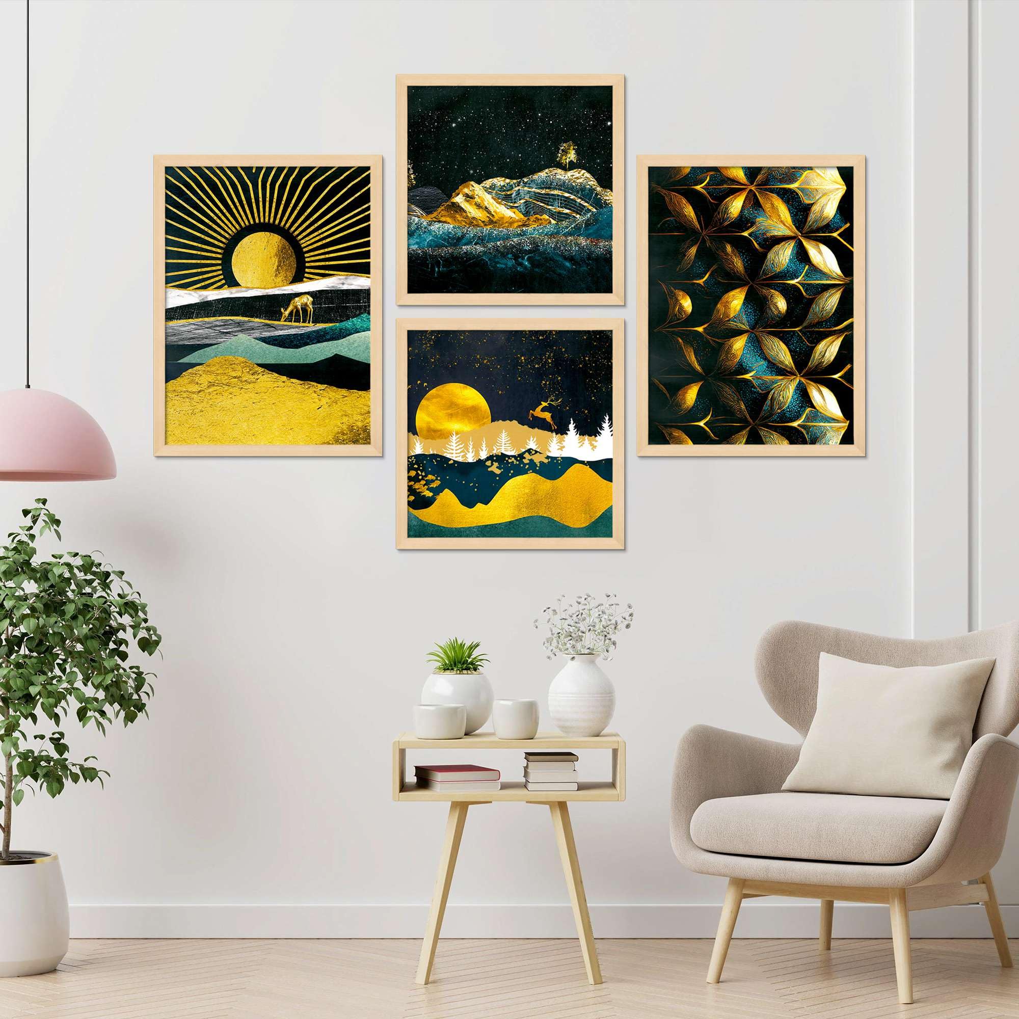 Golden Moon & Abstract Wall Art Set of 4 | Luxury Gold & Blue Landscape Canvas Prints | Modern Framed Artwork for Living Room, Bedroom & Office Decor ( 36X24 Inches ) (BLACKLUXE CRAFTS) - BLACKLUXECRAFTS