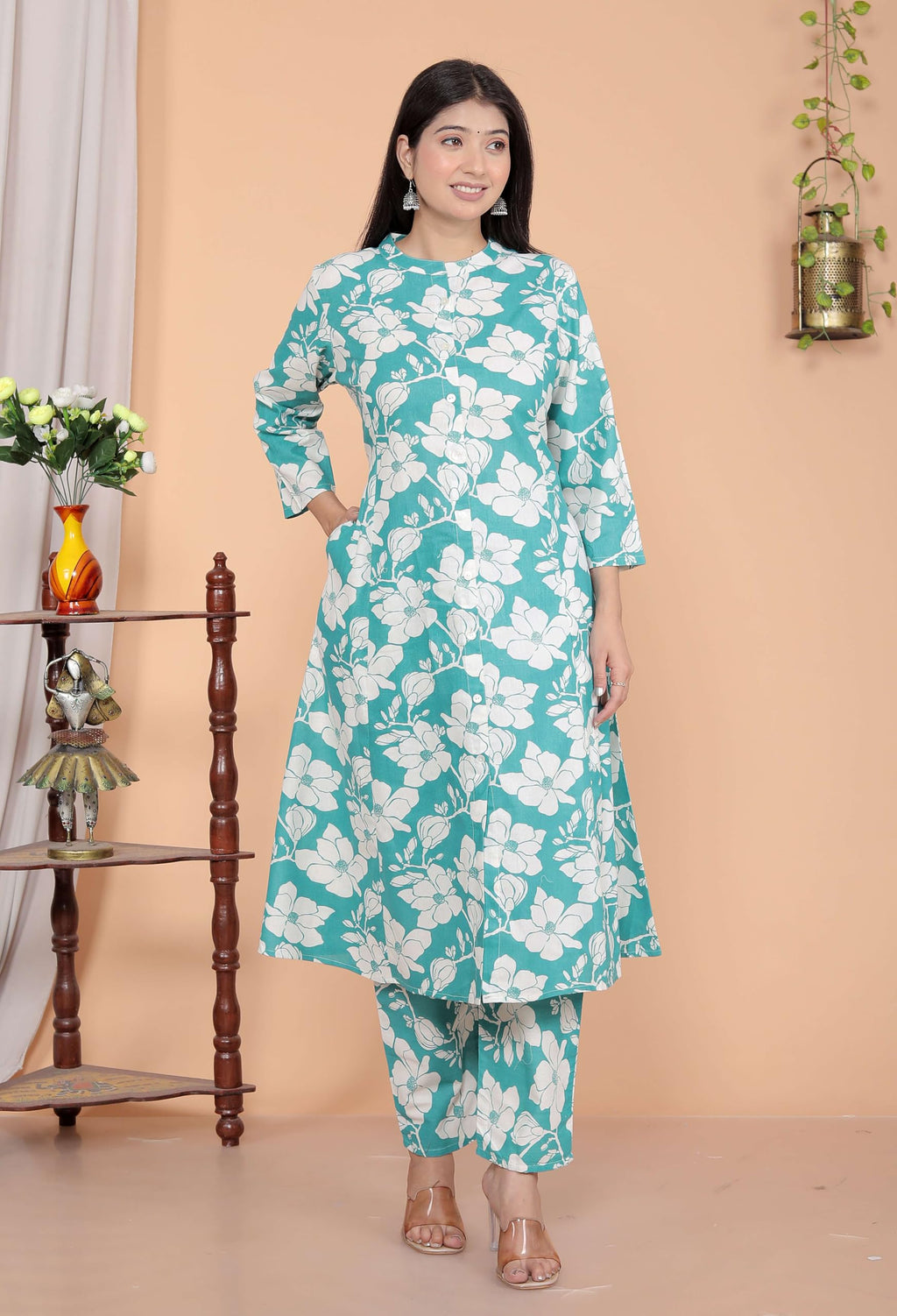 Women's Cotton Floral Printed Mandarin Collar A-Line Kurti with Pant (Sky Blue) (BLACKLUXE CRAFTS) - BLACKLUXECRAFTS