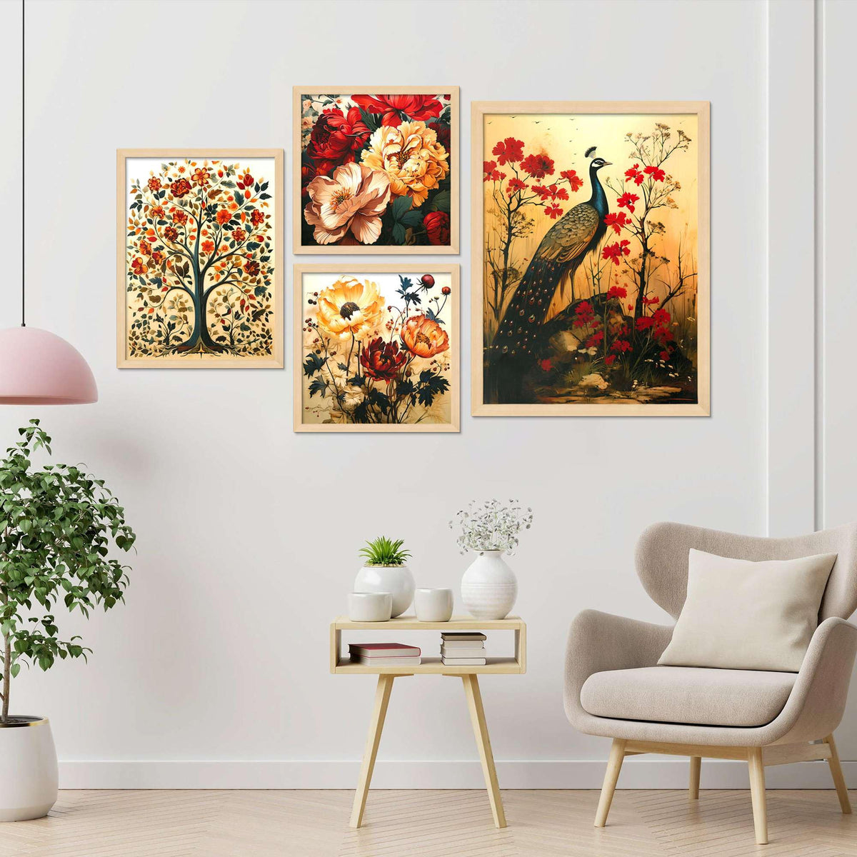 Peacock & Floral Wall Art Set – Traditional Indian Nature-Inspired Canvas Paintings | Elegant Home Decor for Living Room, Bedroom & Office | Handmade in India ( 36X24 Inches ) (BLACKLUXE CRAFTS) - BLACKLUXECRAFTS