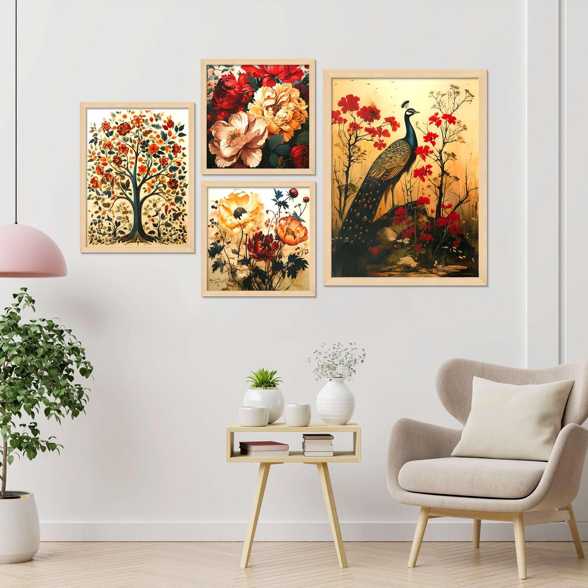 Peacock & Floral Wall Art Set – Traditional Indian Nature-Inspired Canvas Paintings | Elegant Home Decor for Living Room, Bedroom & Office | Handmade in India ( 36X24 Inches ) (BLACKLUXE CRAFTS) - BLACKLUXECRAFTS