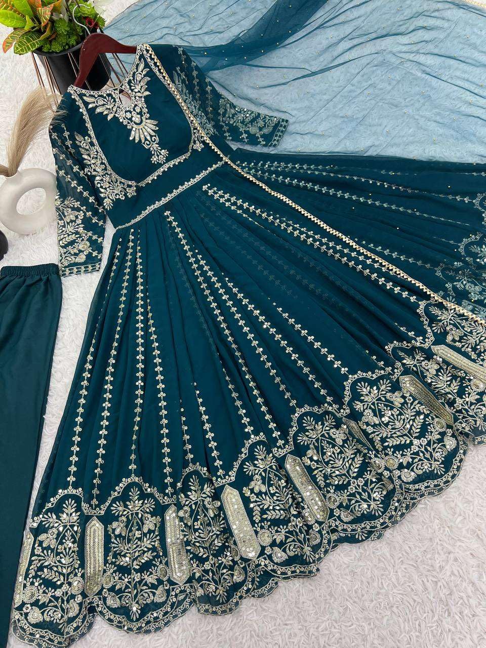 Women's Faux Georgette Embroidered Sequence Work Anarkali Kurti Gown with Net Dupatta (BLACKLUXE CRAFTS) - BLACKLUXECRAFTS