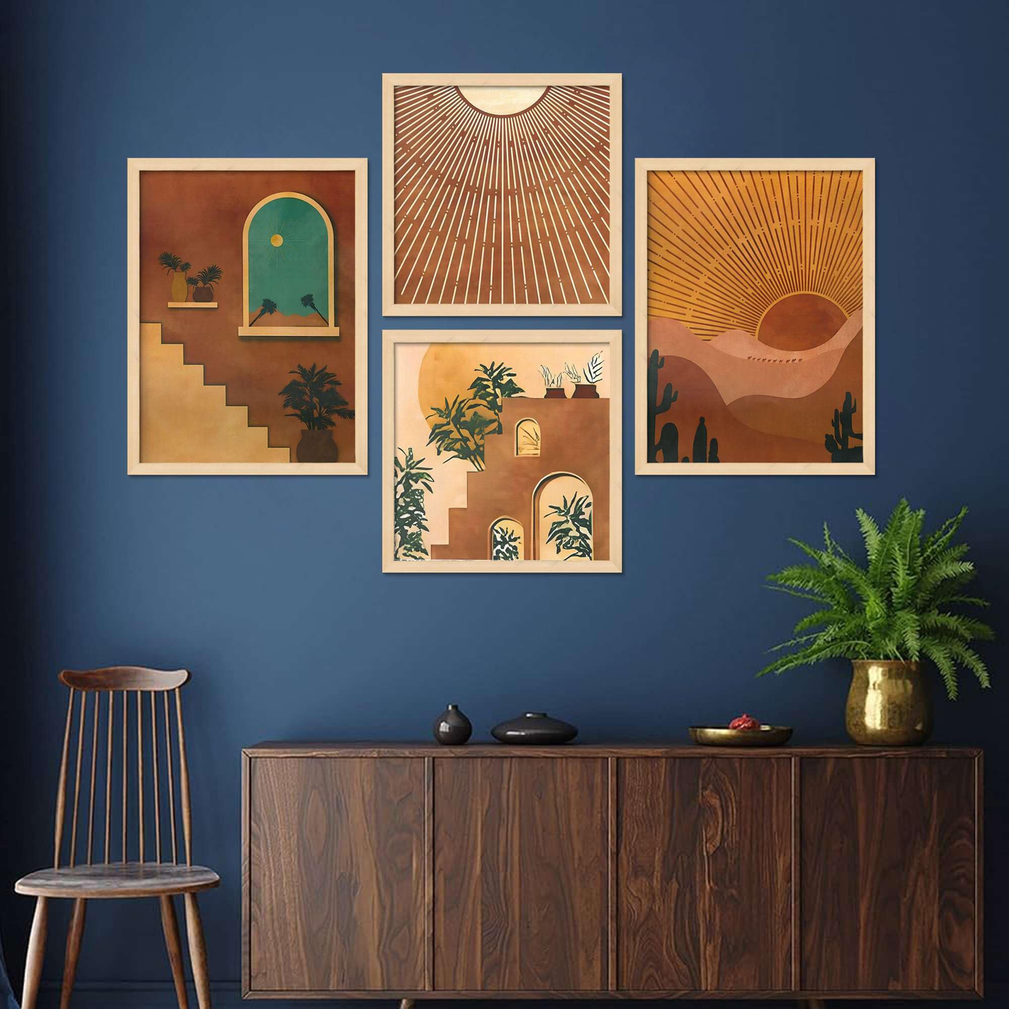 Boho Sunset Wall Art Set – Terracotta Abstract Sun & Stairs Canvas Prints | Minimalist Modern Home Décor for Living Room, Bedroom & Office | Handmade in India ( 36X24 Inches ) (BLACKLUXE CRAFTS) - BLACKLUXECRAFTS