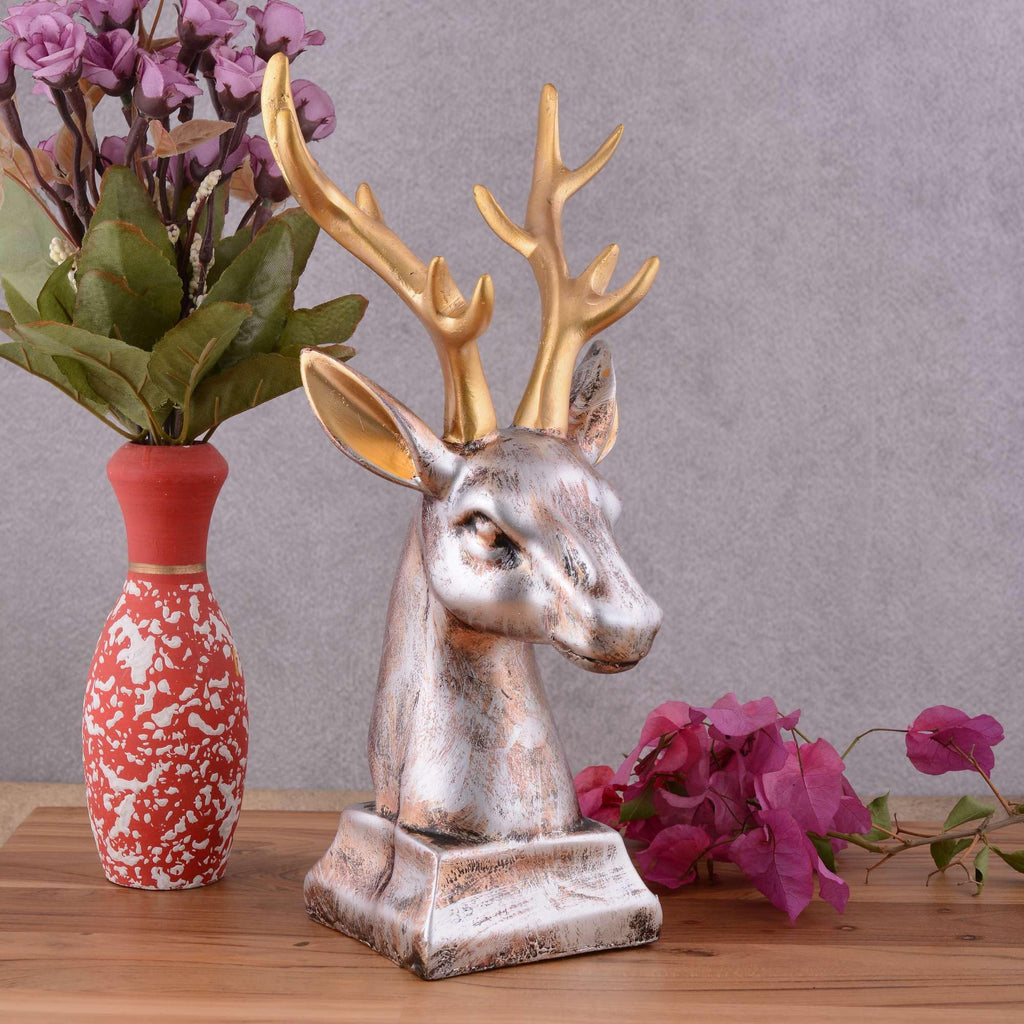 Golden Antler Deer Head Sculpture – Silver Resin Stag Bust Figurine for Home, Office & Luxury Décor (BLACKLUXE CRAFTS) - BLACKLUXECRAFTS