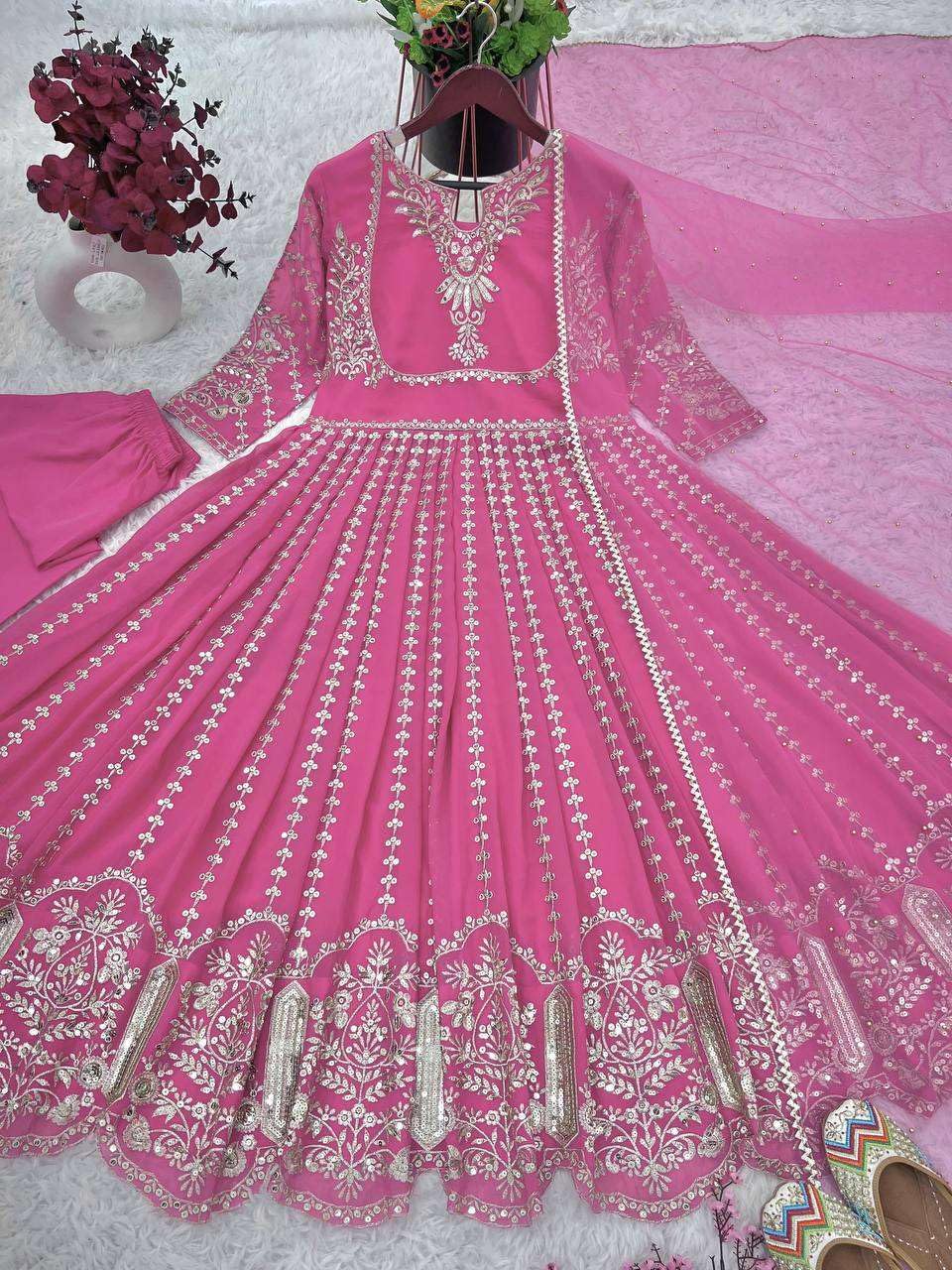 Women's Faux Georgette Embroidered Sequence Work Anarkali Kurti Gown with Net Dupatta (BLACKLUXE CRAFTS) - BLACKLUXECRAFTS