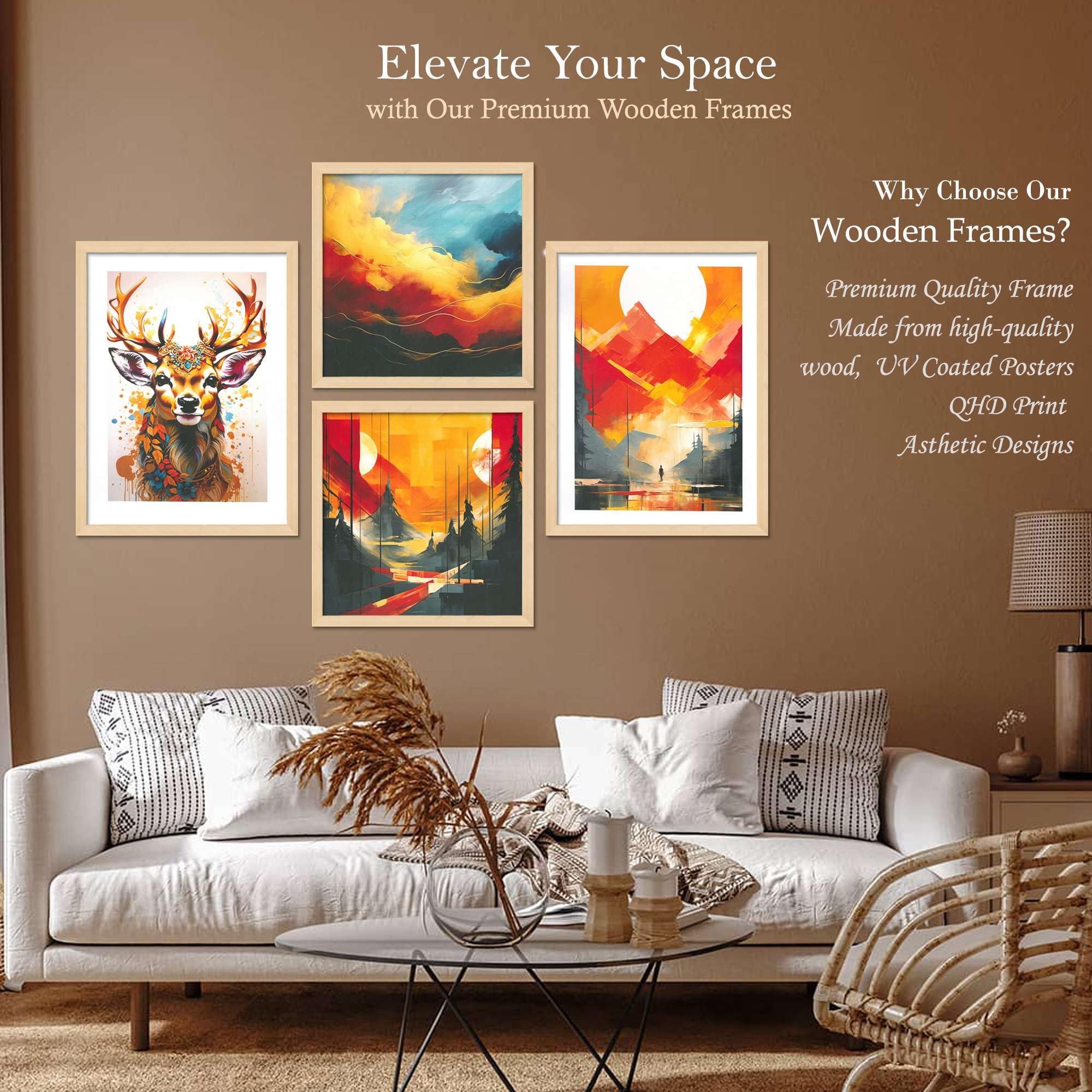 Deer & Mountain Sunset Wall Art Set – Abstract Nature Canvas Prints in Orange, Yellow & Blue | Modern Boho Home Décor for Living Room, Bedroom & Office | Handmade in India ( 36X24 Inches ) (BLACKLUXE CRAFTS) - BLACKLUXECRAFTS