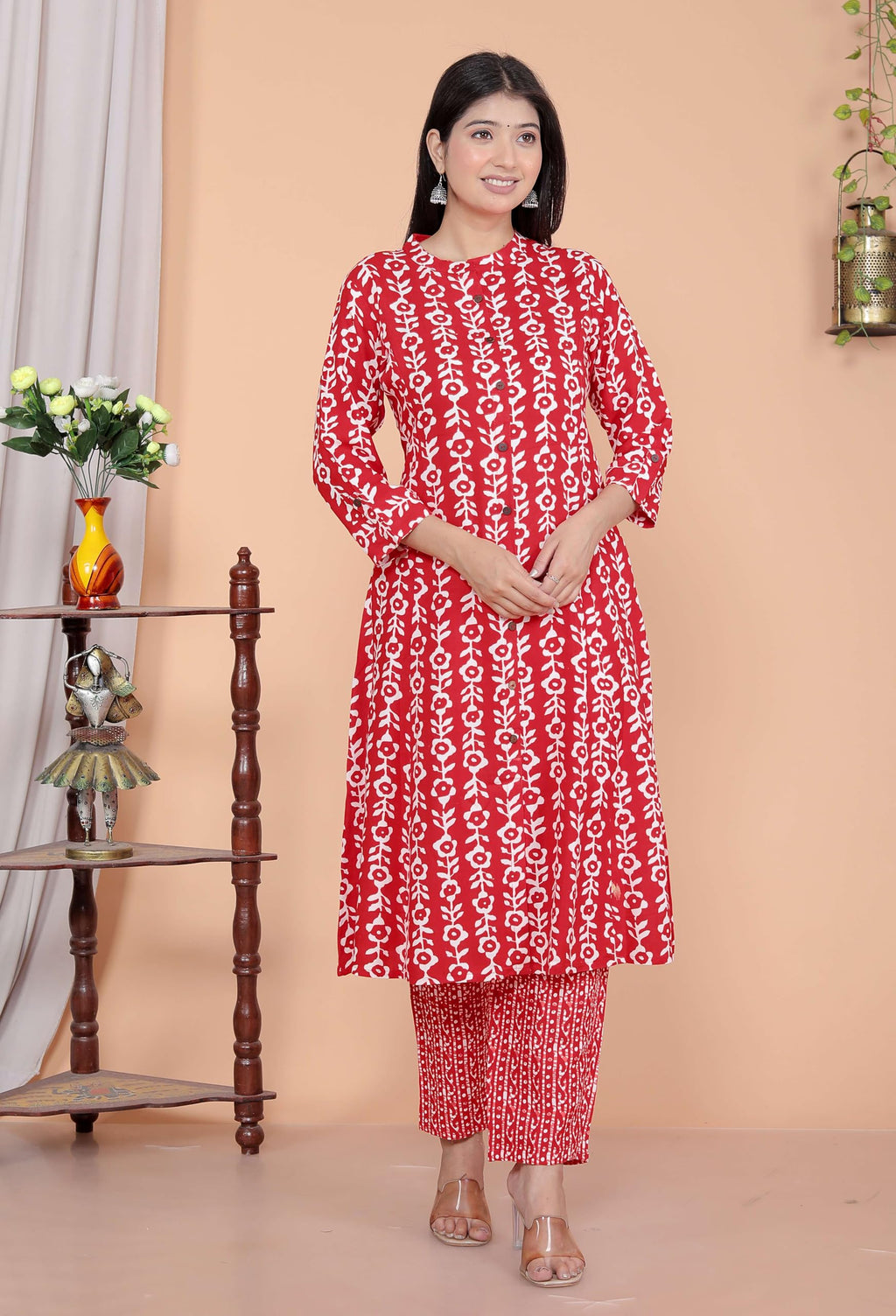 Women's Rayon Floral Printed Mandarin Collar A-Line Kurti with Trousers (Red)(BLACKLUXE CRAFTS) - BLACKLUXECRAFTS