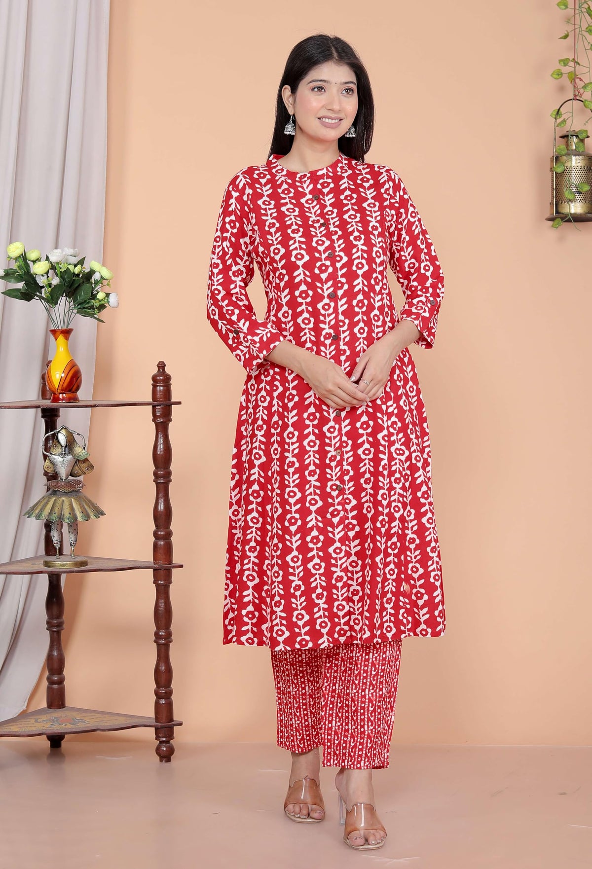 Women's Rayon Floral Printed Mandarin Collar A-Line Kurti with Trousers (Red)(BLACKLUXE CRAFTS) - BLACKLUXECRAFTS