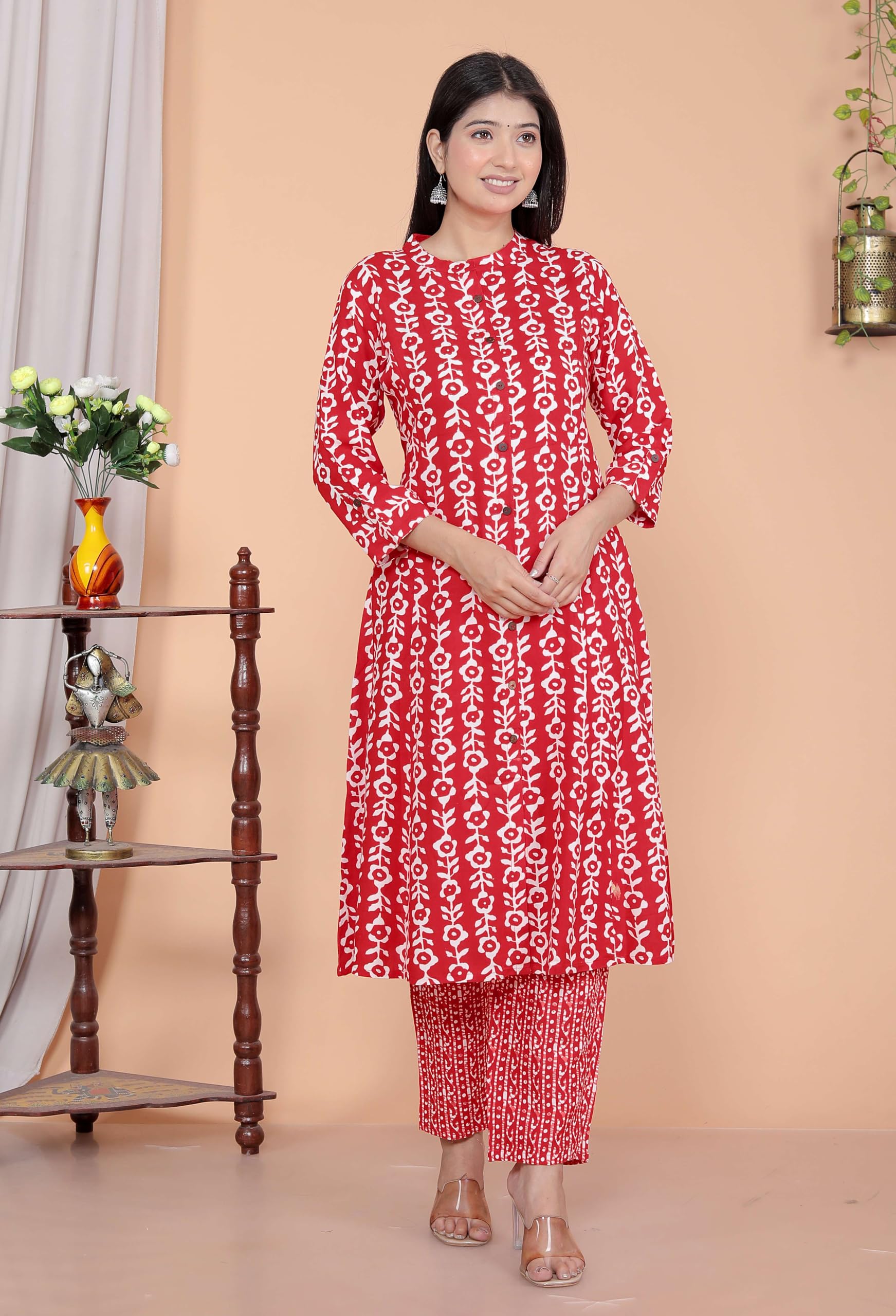 Women's Rayon Floral Printed Mandarin Collar A-Line Kurti with Trousers (Red)(BLACKLUXE CRAFTS) - BLACKLUXECRAFTS