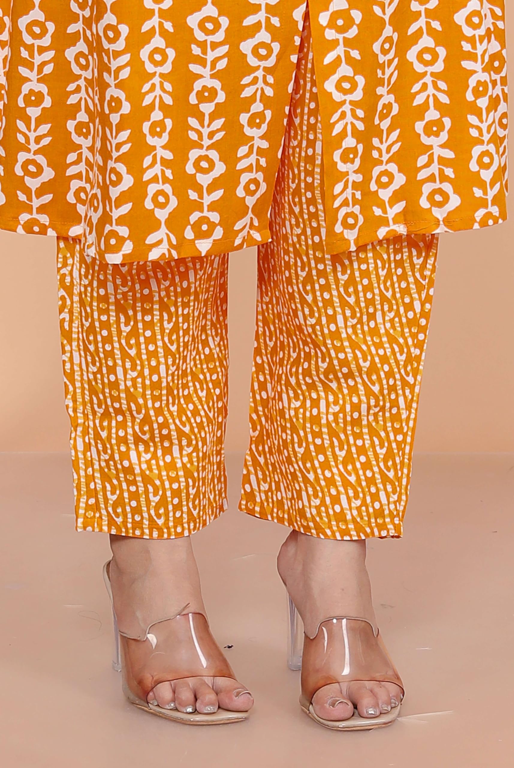 Women's Cotton Floral Printed Mandarin Collar A-Line Kurti with Pant (Orange) (BLACKLUXE CRAFTS) - BLACKLUXECRAFTS