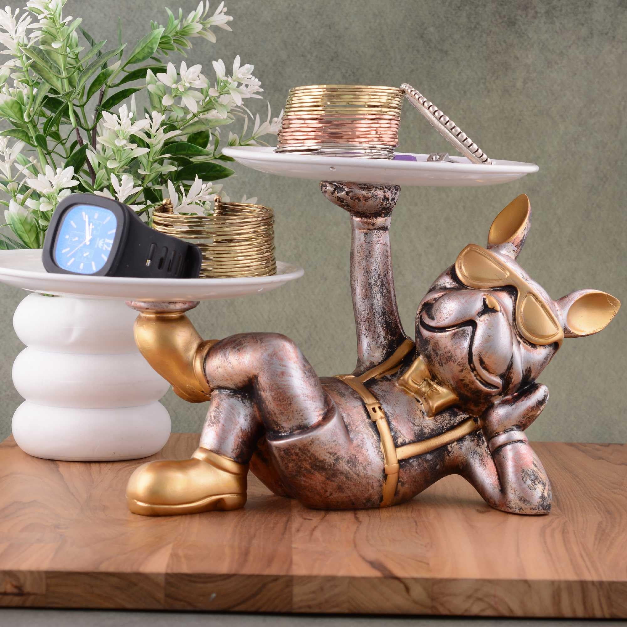 Vintage Bulldog Figurine Jewelry & Watch Holder – Resin Dog Statue with Sunglasses, Double Tray Decorative Storage for Home Décor (BLACKLUXE CRAFTS) - BLACKLUXECRAFTS