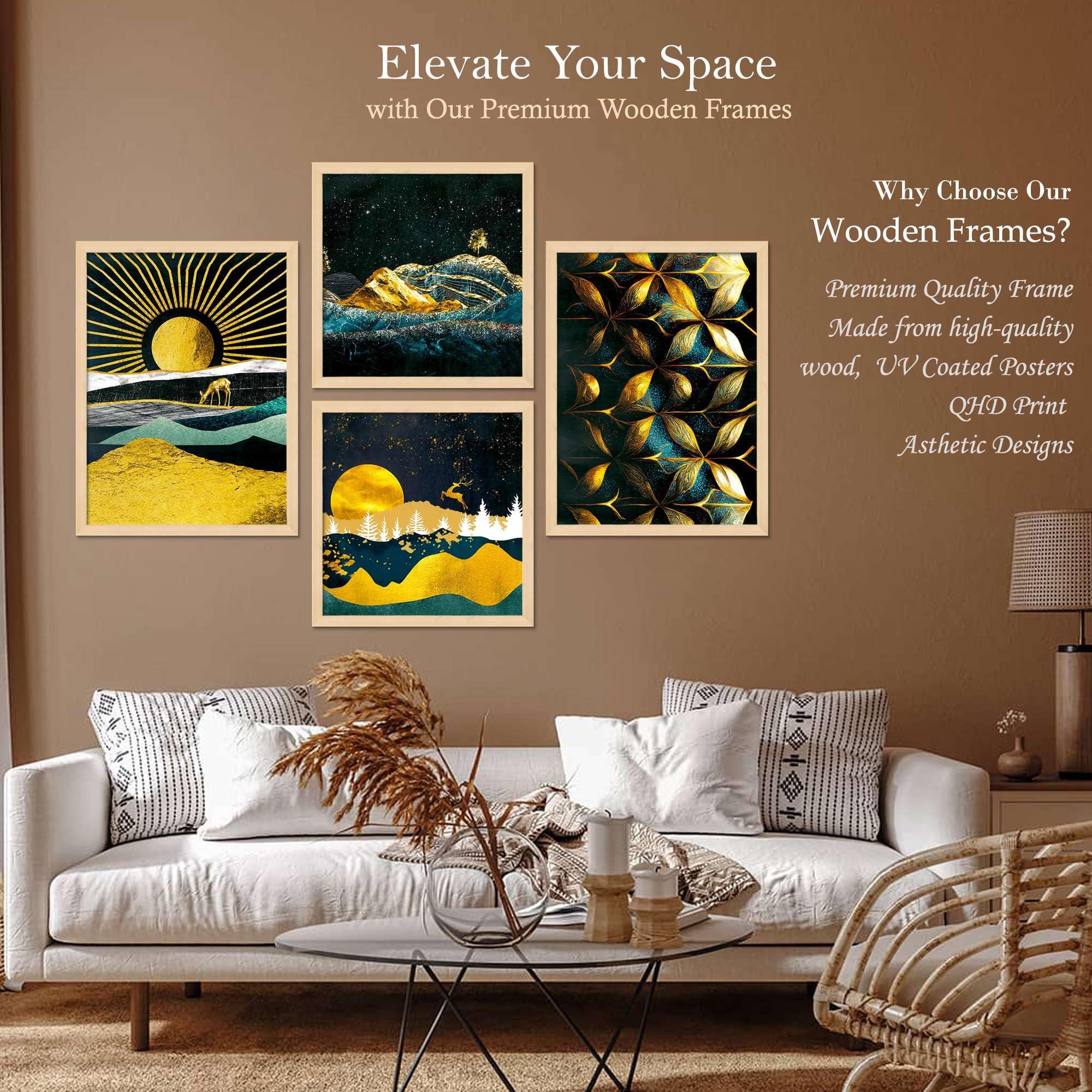 Golden Moon & Abstract Wall Art Set of 4 | Luxury Gold & Blue Landscape Canvas Prints | Modern Framed Artwork for Living Room, Bedroom & Office Decor ( 36X24 Inches ) (BLACKLUXE CRAFTS) - BLACKLUXECRAFTS