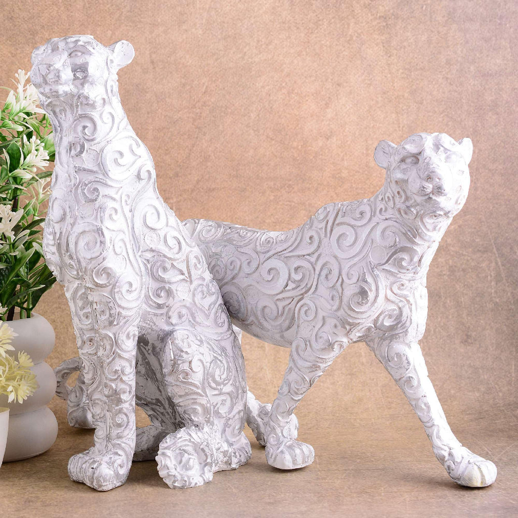 Handmade White Leopard Figurines Set – Elegant Resin Cheetah Statues with Carved Patterns for Luxury Home Décor Set Of Two (BLACKLUXE CRAFTS) - BLACKLUXECRAFTS