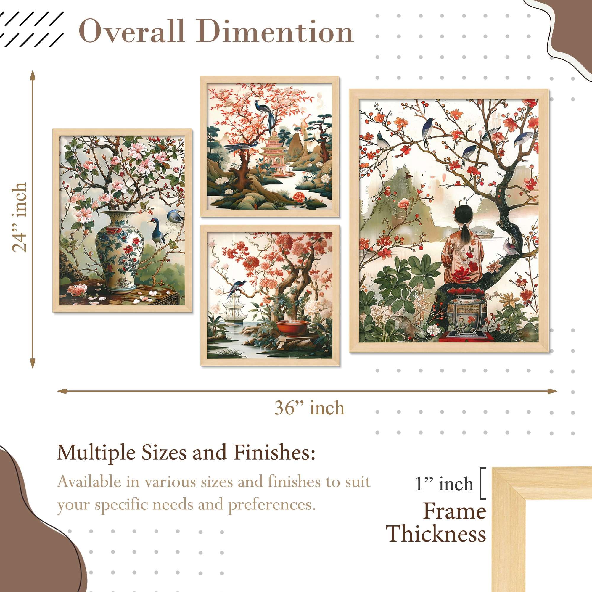 Oriental Cherry Blossom Wall Art Set of 4 | Japanese Chinese Style Canvas Prints with Birds & Nature | Elegant Asian Wall Decor for Living Room & Bedroom ( 36X24 Inches ) (BLACKLUXE CRAFTS) - BLACKLUXECRAFTS