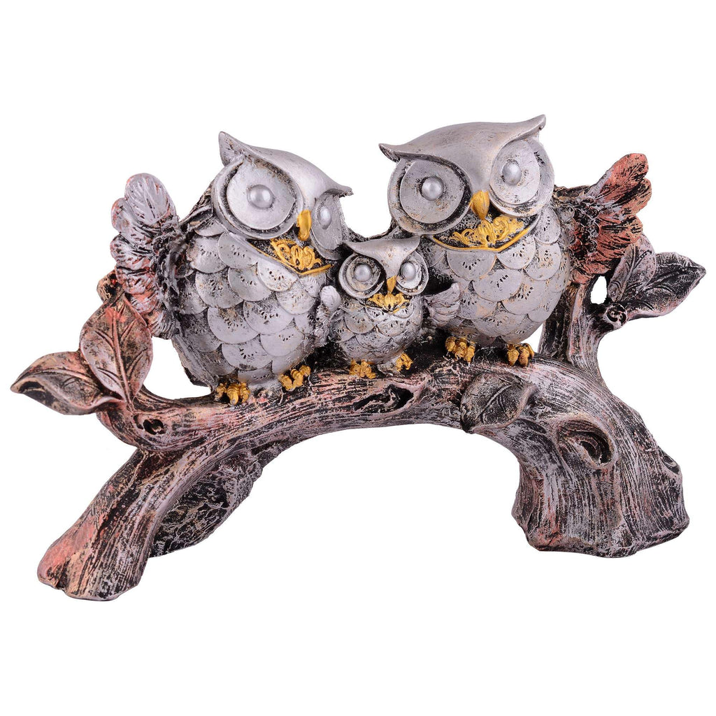 Silver Owl Family Figurine on Tree Branch – Handcrafted Resin Owl Sculpture for Home Décor & Gift (BLACKLUXE CRAFTS) - BLACKLUXECRAFTS