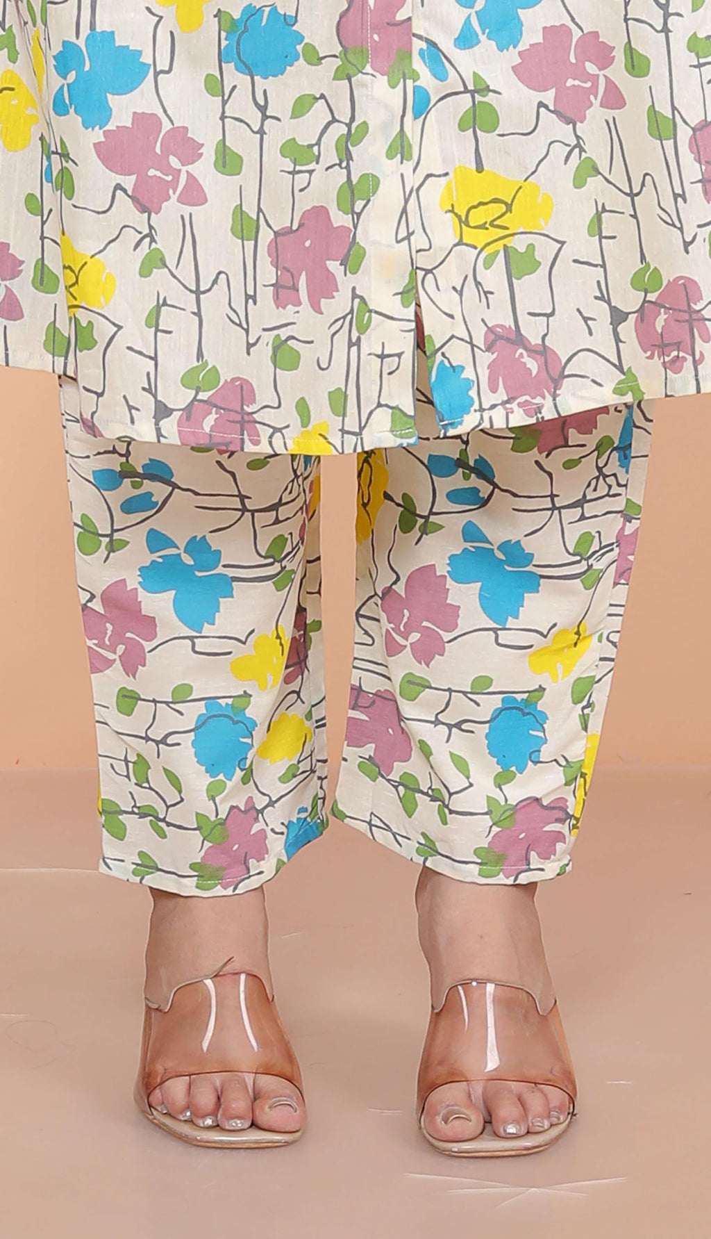 Women's Cotton Floral Printed Mandarin Collar A-Line Kurti with Pant (Cream)(BLACKLUXE CRAFTS) - BLACKLUXECRAFTS