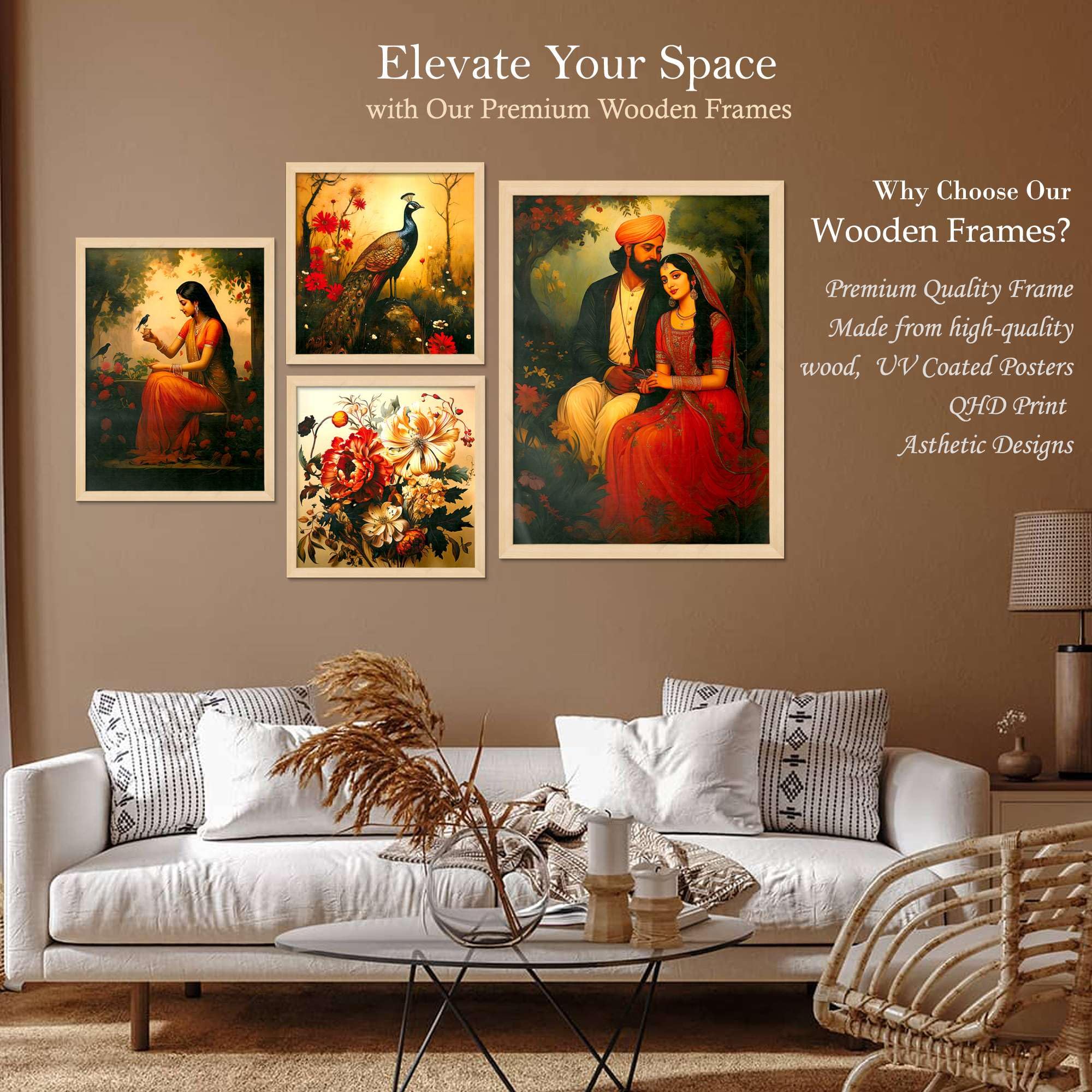 Royal Indian Wall Art Set – Peacock, Floral & Couple Paintings | Traditional Handmade Canvas Prints for Home & Office Decor | Luxury Wall Decoration, Made in India ( 36X24 Inches ) (BLACKLUXE CRAFTS) - BLACKLUXECRAFTS