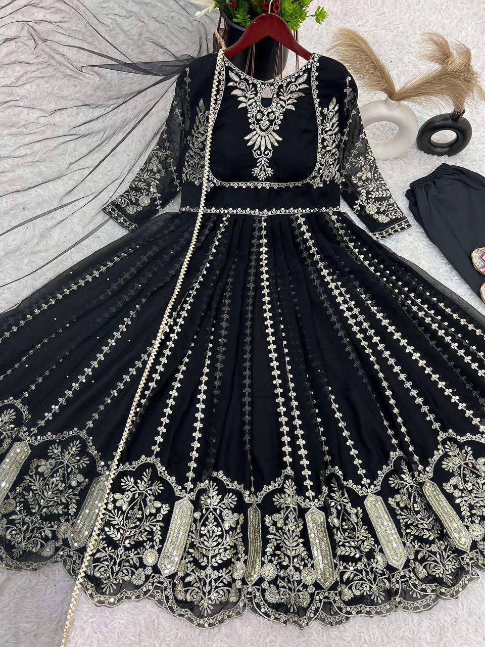 Women's Faux Georgette Embroidered Sequence Work Anarkali Kurti Gown with Net Dupatta (BLACKLUXE CRAFTS) - BLACKLUXECRAFTS