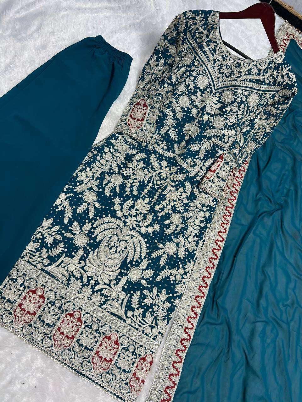 Women's Faux Georgette Embroidered Aaliya Cut Kurti With Plazzo & Dupatta Set with Diamond Handwork (BLACKLUXE CRAFTS) - BLACKLUXECRAFTS